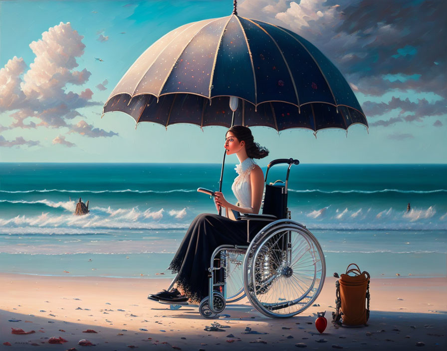 Woman in wheelchair under star-patterned umbrella by the sea with birds, bag, and ball on sand