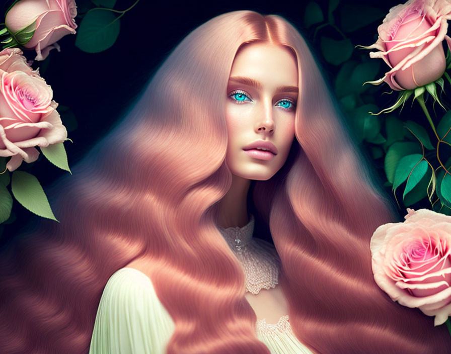 Woman with Pink Hair and Blue Eyes Among Pink Roses on Dark Background