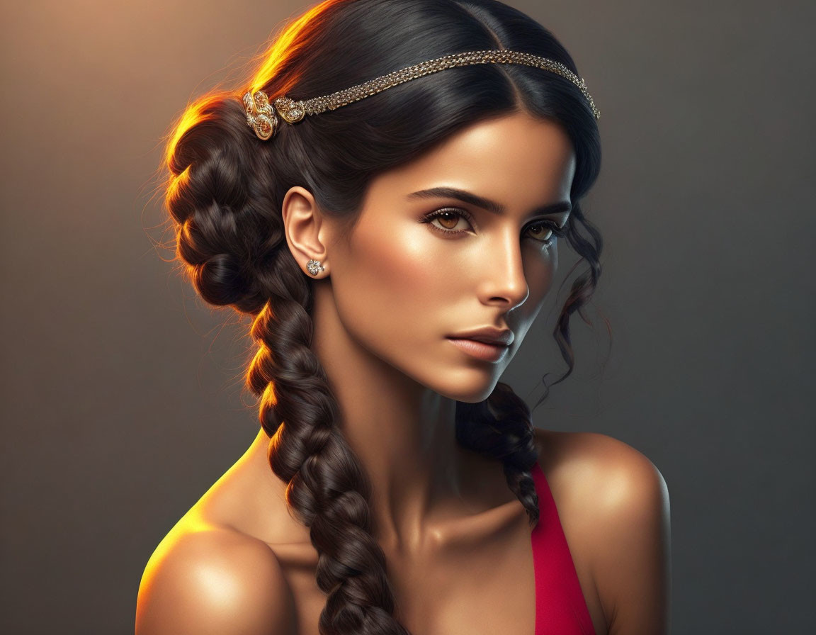 Woman with side braid and headband in elegant makeup on warm-toned background