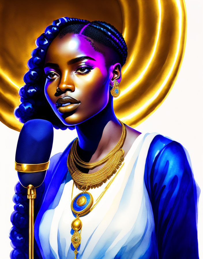 Detailed Illustration: Woman with Braided Hair, Gold Jewelry, White-and-Blue Dress, Holding