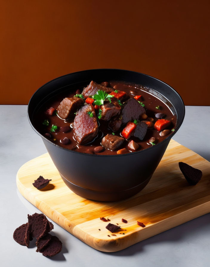 Savory beef stew with carrots, beans, and parsley on a wooden board