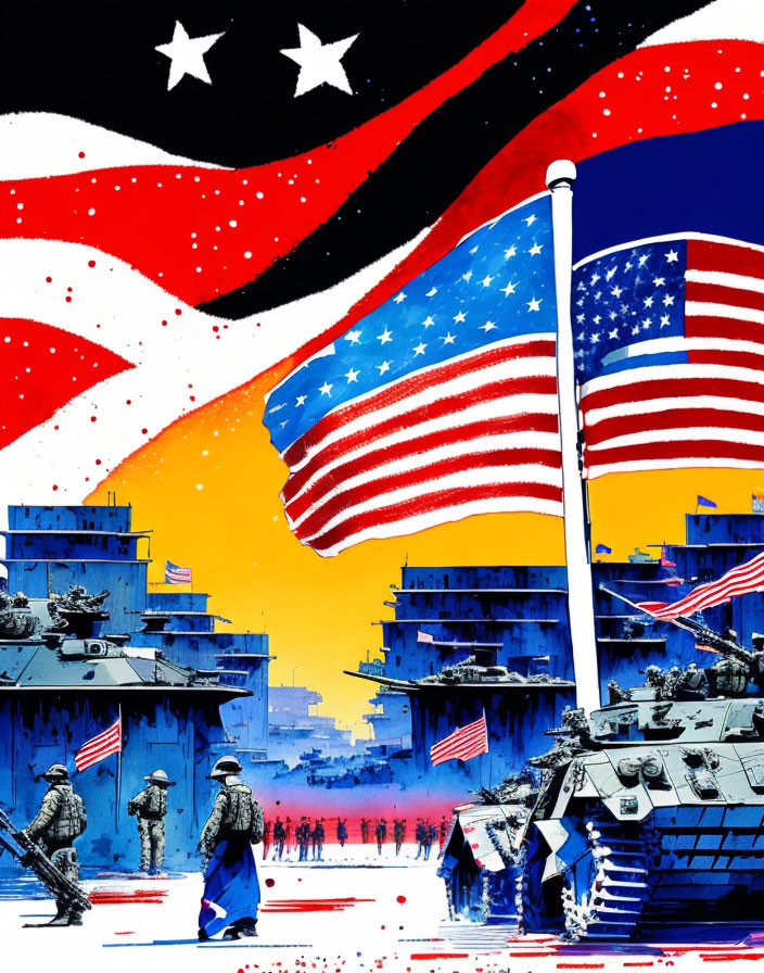 Military personnel and tanks depicted with American flag in grunge style.