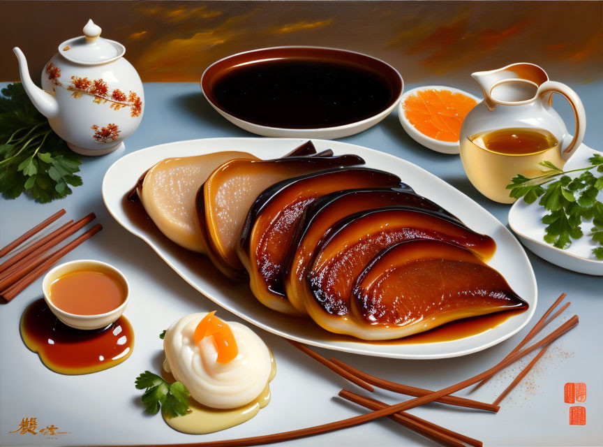 Traditional Chinese Glazed Poultry Dish with Sauces, Herbs, and Tea