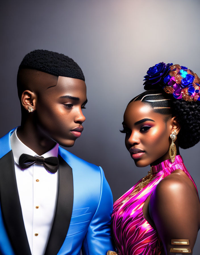 Elegant man in blue tuxedo and woman in pink metallic dress with floral headpiece pose together