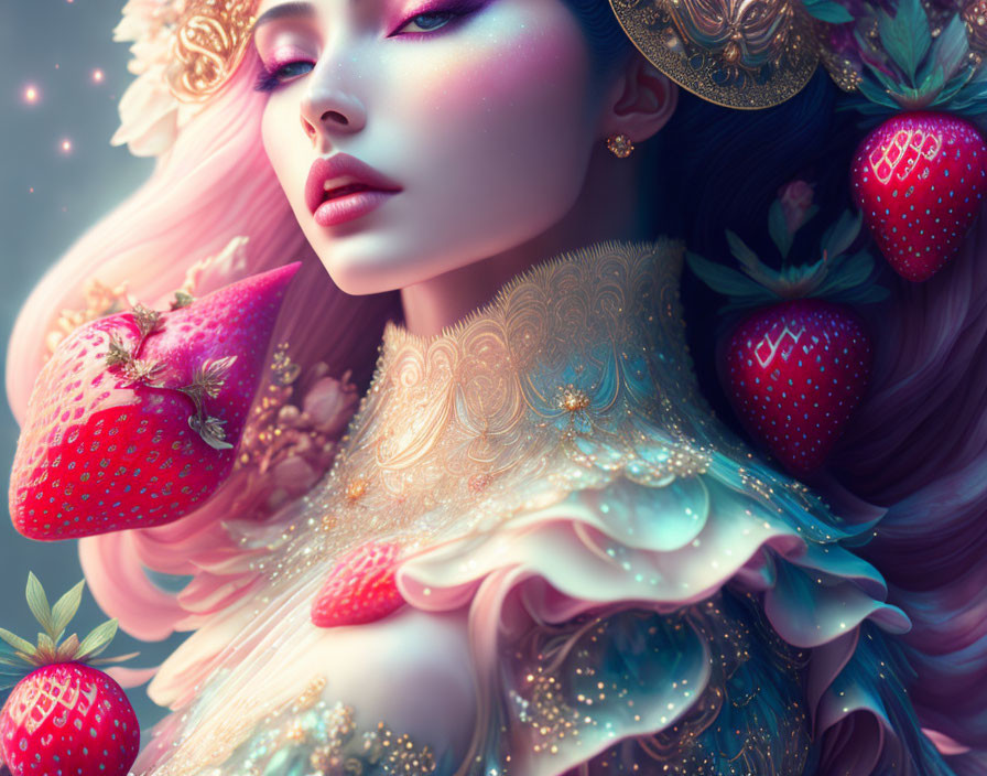 Fantastical illustration of lady with golden headgear, vibrant makeup, strawberries, and floral elements