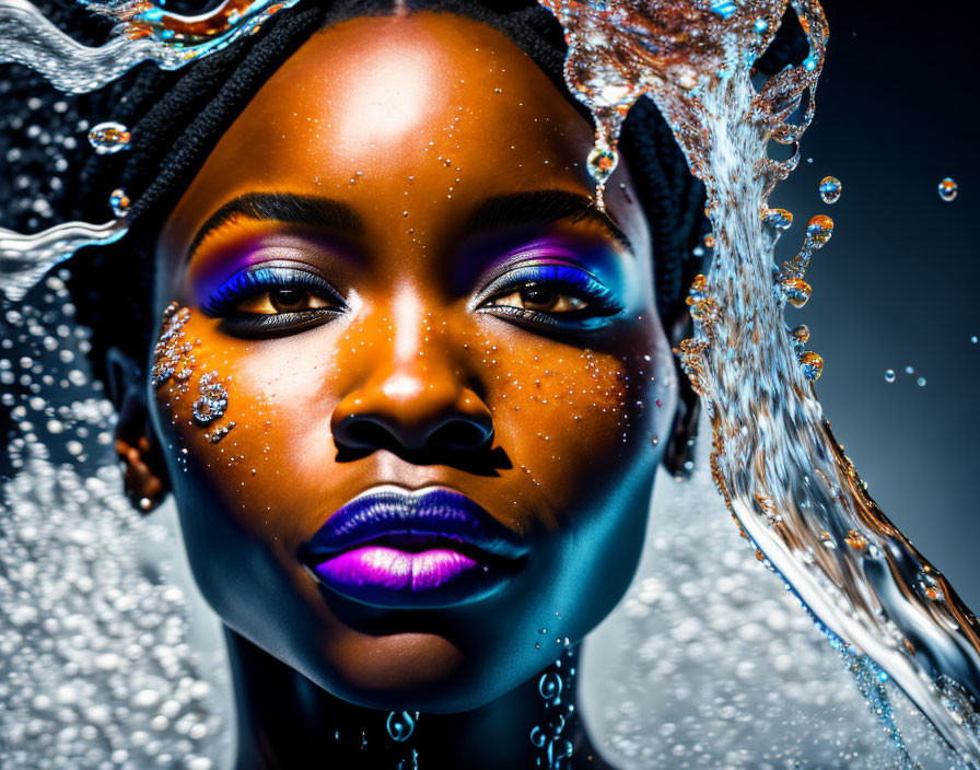 Vibrant makeup close-up with water splashing on face