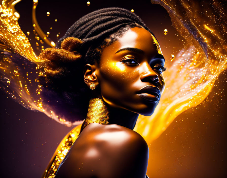 Portrait of woman with golden sparkling effects and braided hair on dark background