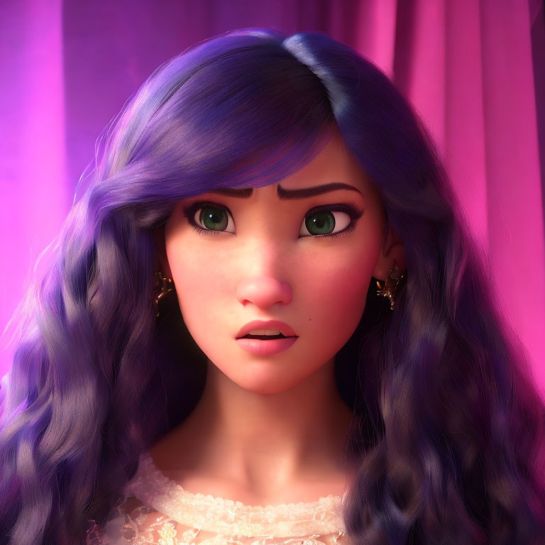 Animated character with long wavy purple hair and green eyes on pink background