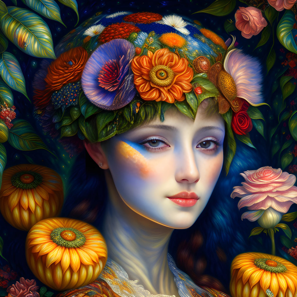 Colorful Woman Illustration with Floral Hat and Dress surrounded by Flowers and Leaves