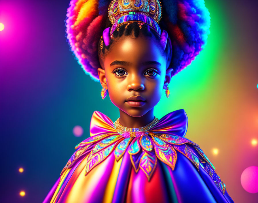 Colorful young girl with elaborate hairstyle and vibrant clothing against neon background