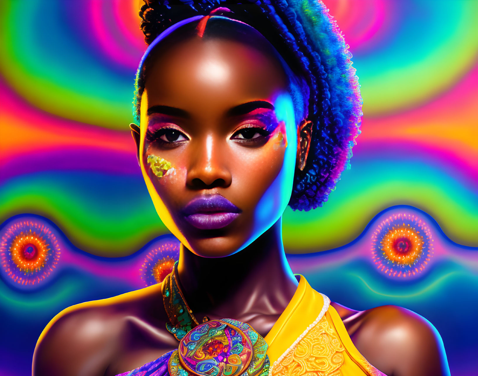 Colorful digital portrait of a woman with intricate makeup on a psychedelic backdrop