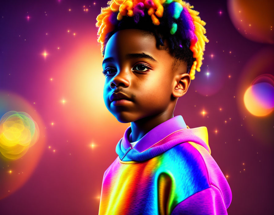 Child with Colorful Hair in Vibrant Hoodie on Cosmic Background