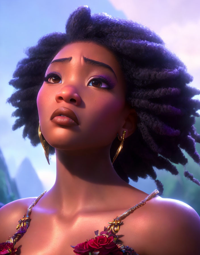 3D-animated young woman with textured hair and gold hoop earrings in pensive expression on violet backdrop