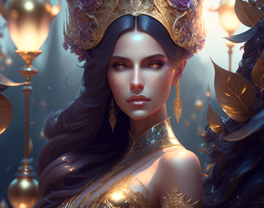 Fantasy queen illustration with gold crown and glowing skin.