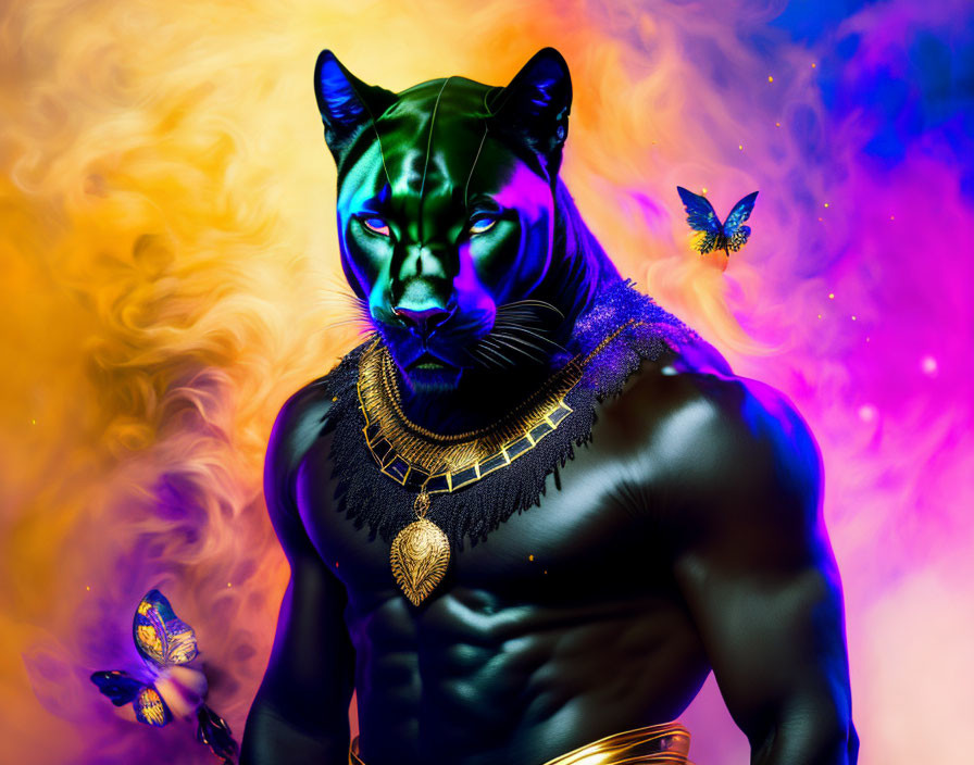 Muscular figure with panther head in vibrant orange and purple setting.