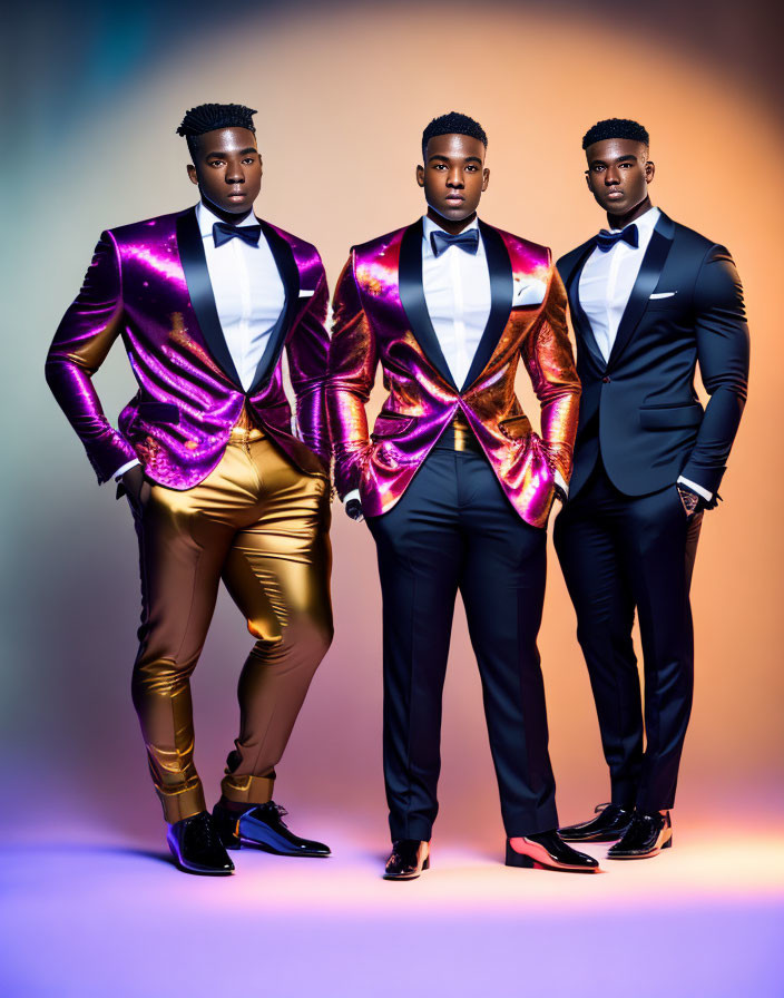 Men in stylish metallic tuxedos on gradient background