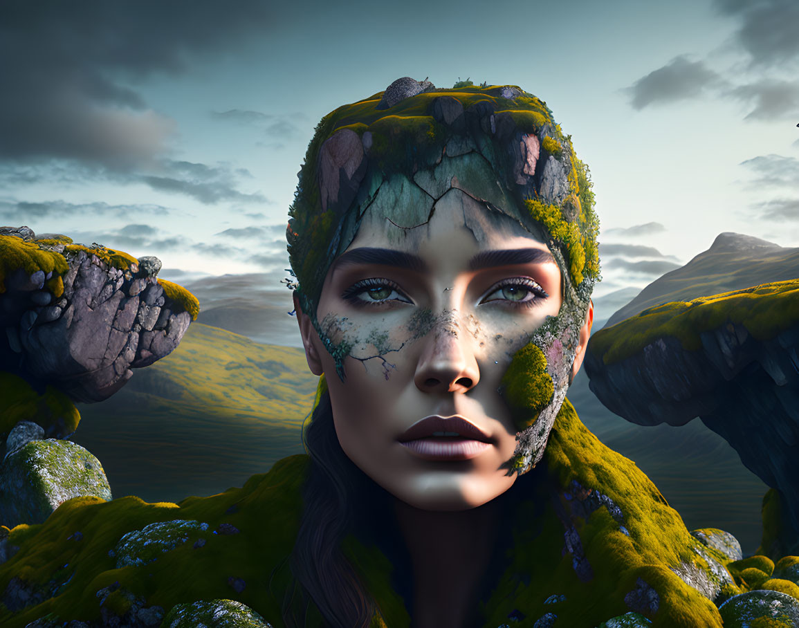 Digital artwork: Woman's face with rocky textures and moss fusion against hill backdrop