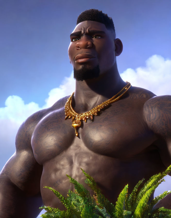 Muscular animated character with tattoos and gold necklace in nature scene