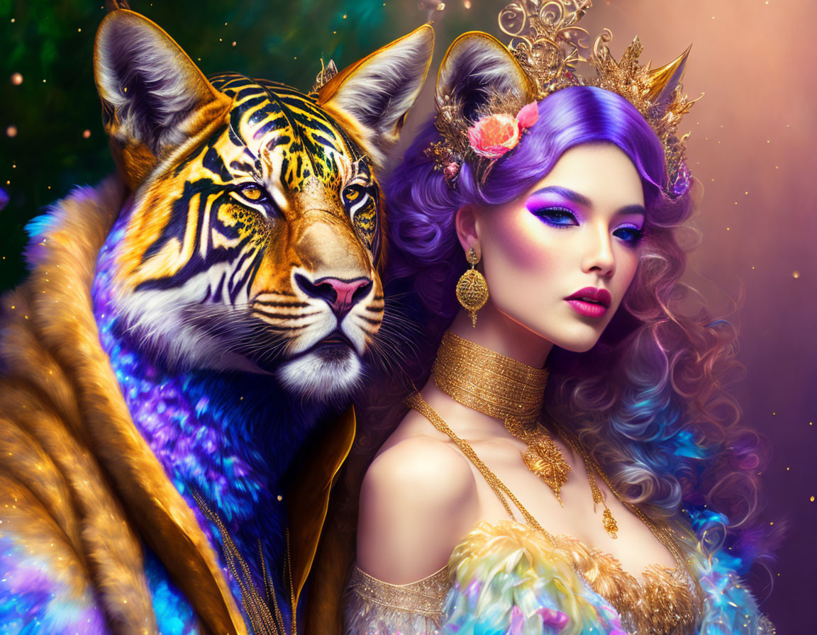 Vivid portrait of woman with purple hair and tiger in regal gold accents