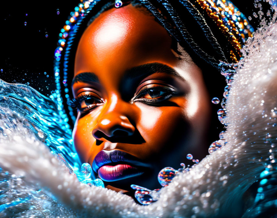 Person with Beaded Hair and Vibrant Makeup in Blue and White Water-themed Background