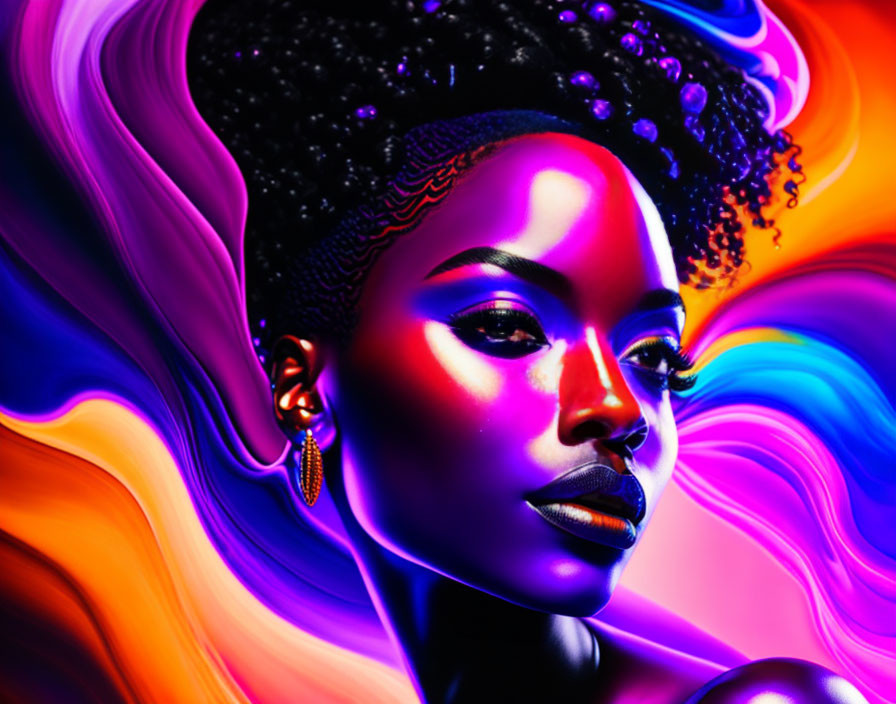 Colorful digital artwork: Dark-skinned woman with curly hair on psychedelic backdrop