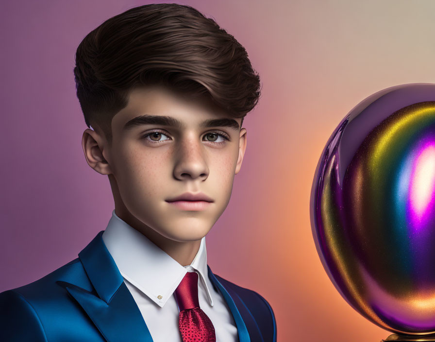 Young man in blue suit with red tie next to iridescent balloon on gradient background.