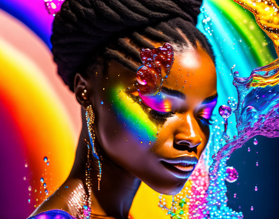 Colorful Rainbow Light and Water Effects on Woman's Face and Braided Hairstyle