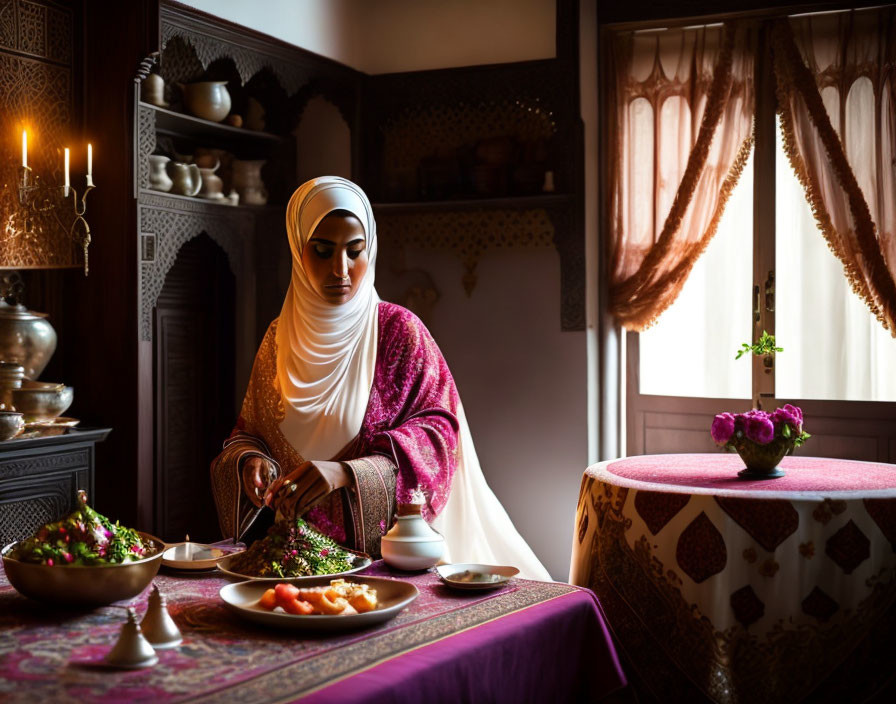 Woman in hijab cooking in traditional dining setup with warm colors and textures