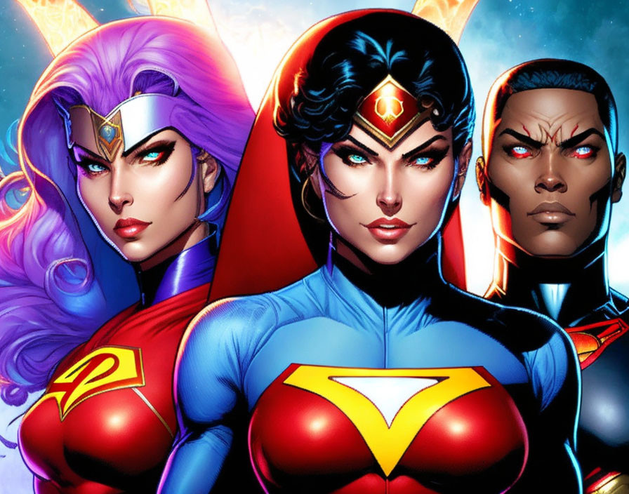 Three Female Superheroes Display Prominent Emblems in Cosmic Setting