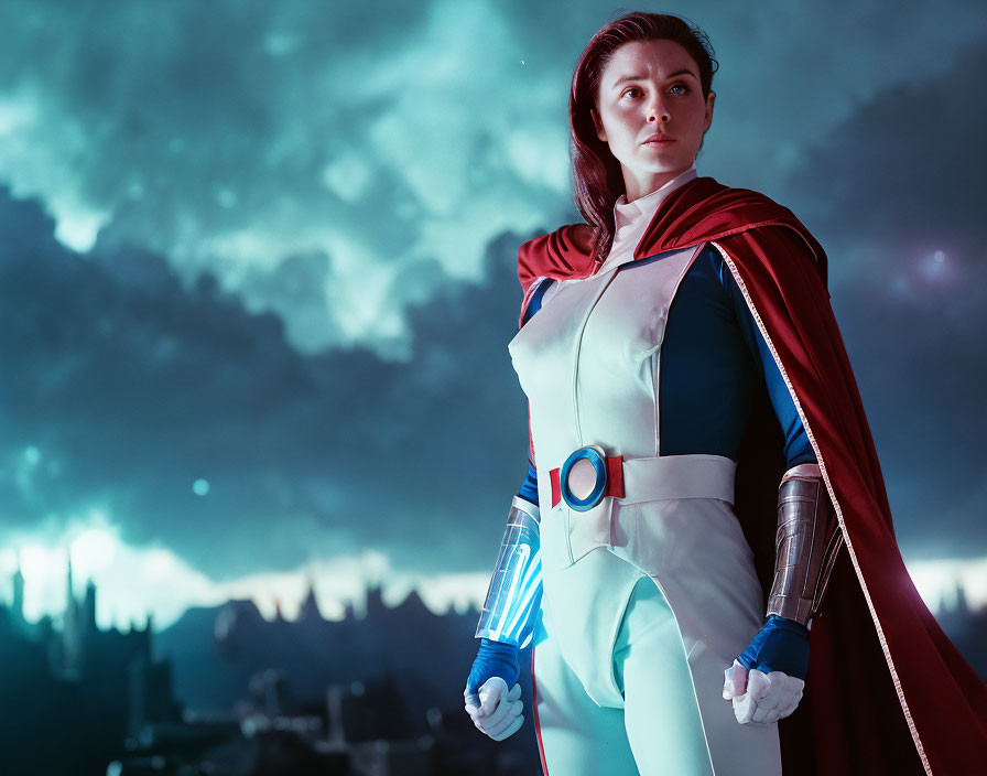 Confident superhero in blue suit with red cape and glowing armbands