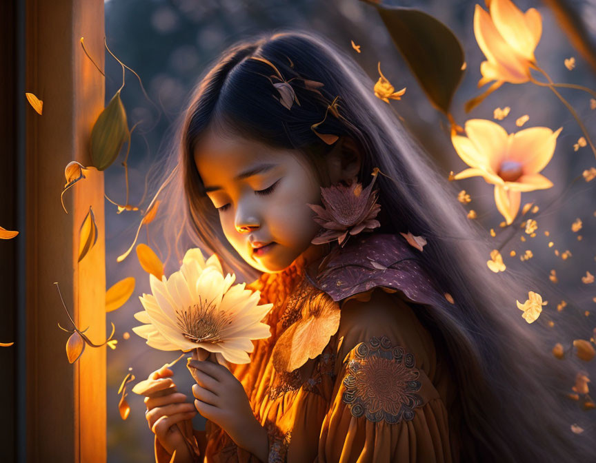 Young girl with autumn leaves and flower in ethereal golden light