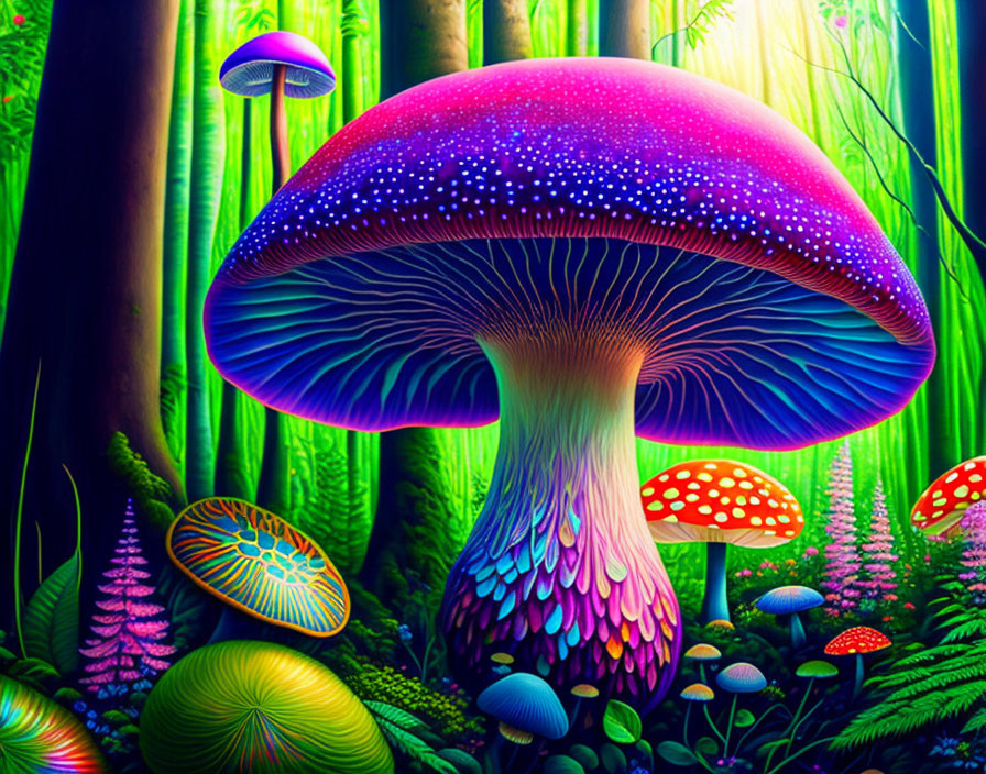 Colorful digital artwork: Fantastical mushroom in neon-lit forest