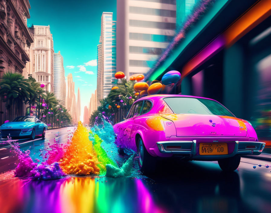 Colorful pink car on vibrant city street with balloons and modern buildings