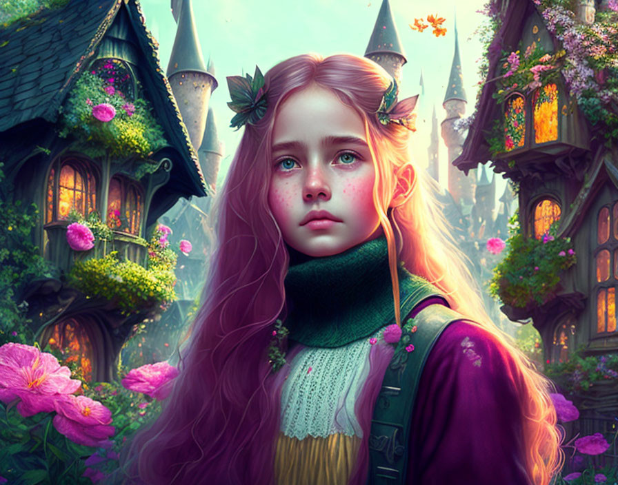 Pink-haired girl in mystical forest with castle: digital artwork