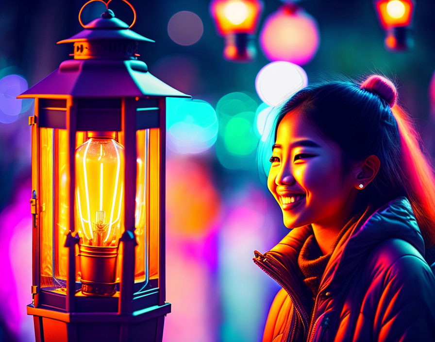 Colorful Bokeh Lights Surround Joyful Woman by Glowing Lantern