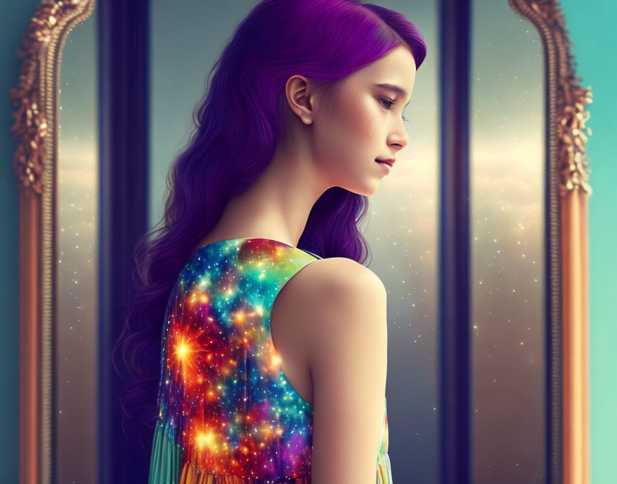 Purple-haired woman in cosmic dress gazes with mirror showing starry night sky