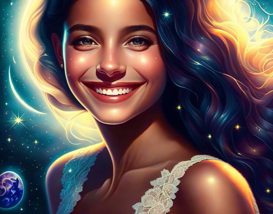 Illustrated woman with radiant smile, stars, galaxy hair, Earth backdrop