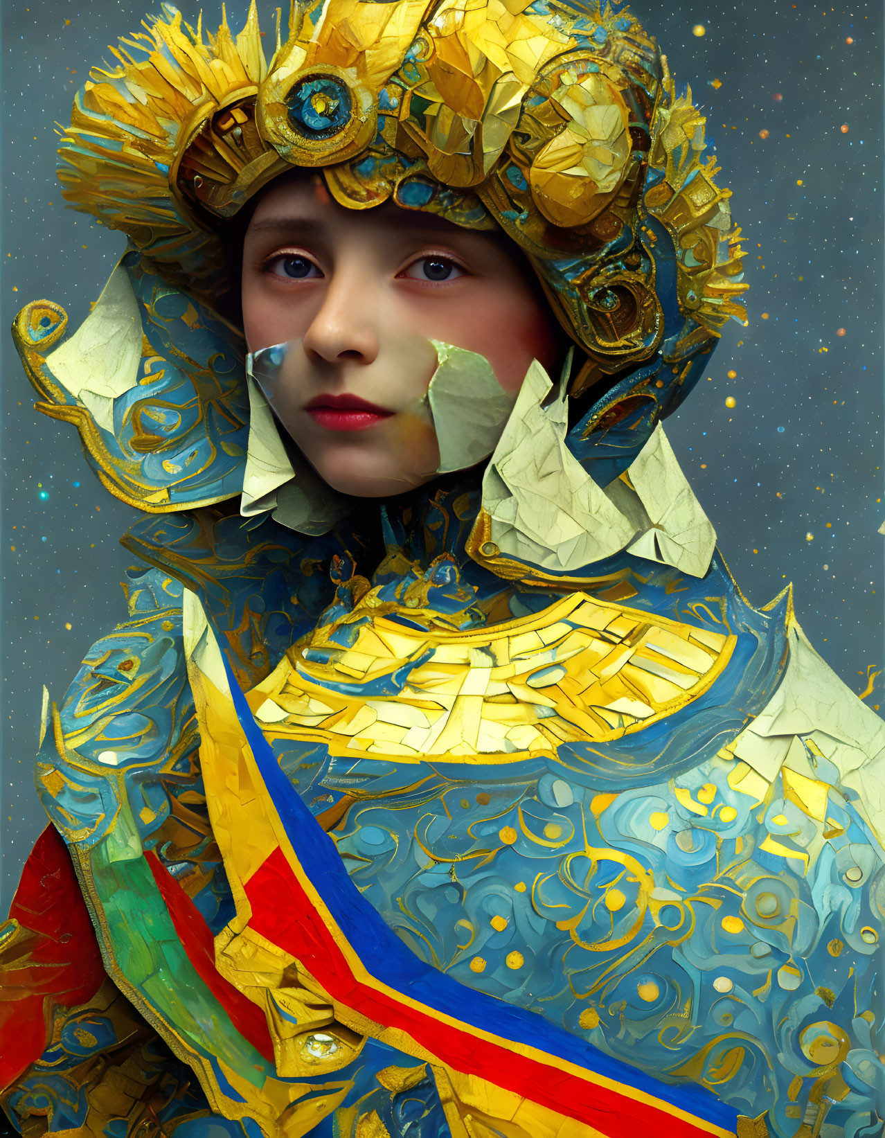 Elaborate Gold-Patterned Armor with Blue and Red Accents on Regal Fantasy Character