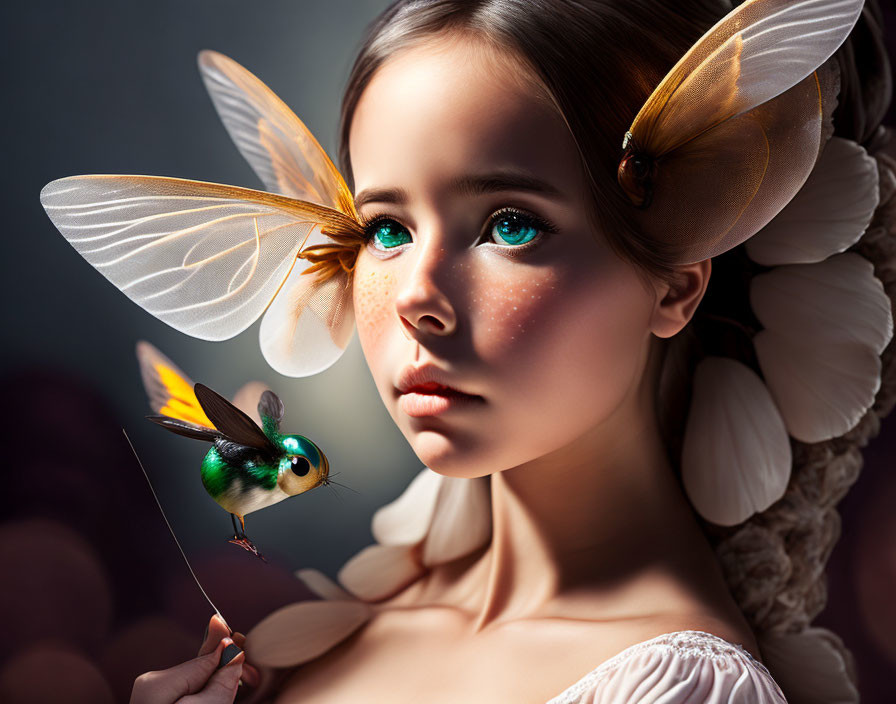 Young girl with moth wings and small bird in fantasy portrait