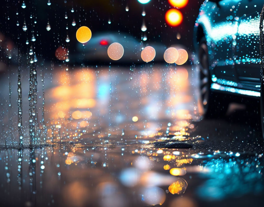 City street at night with raindrops, blurred car lights, and wet asphalt reflections.