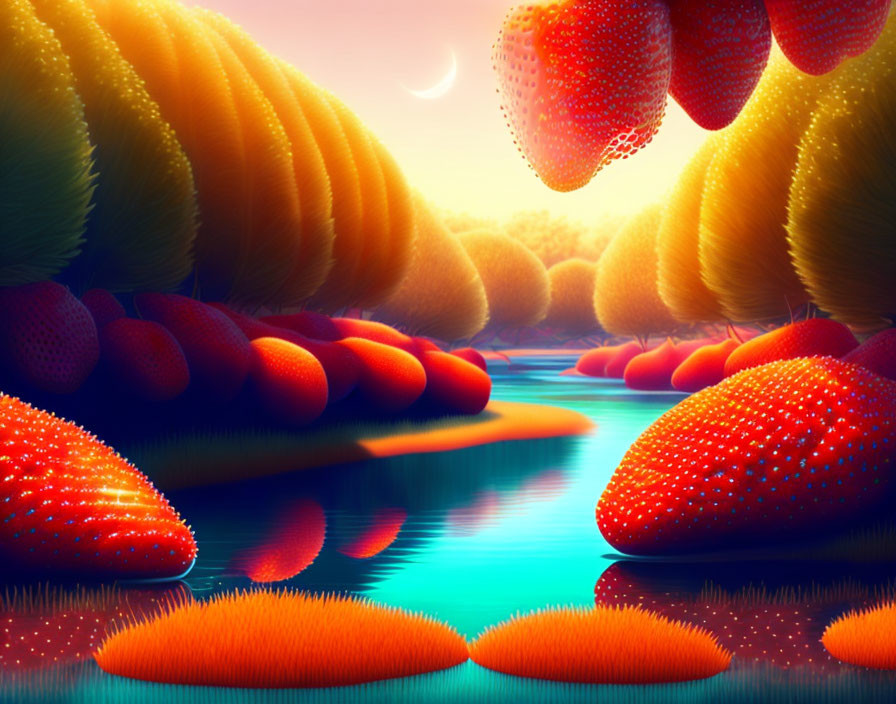 Surreal landscape with oversized strawberries and orange hills at twilight