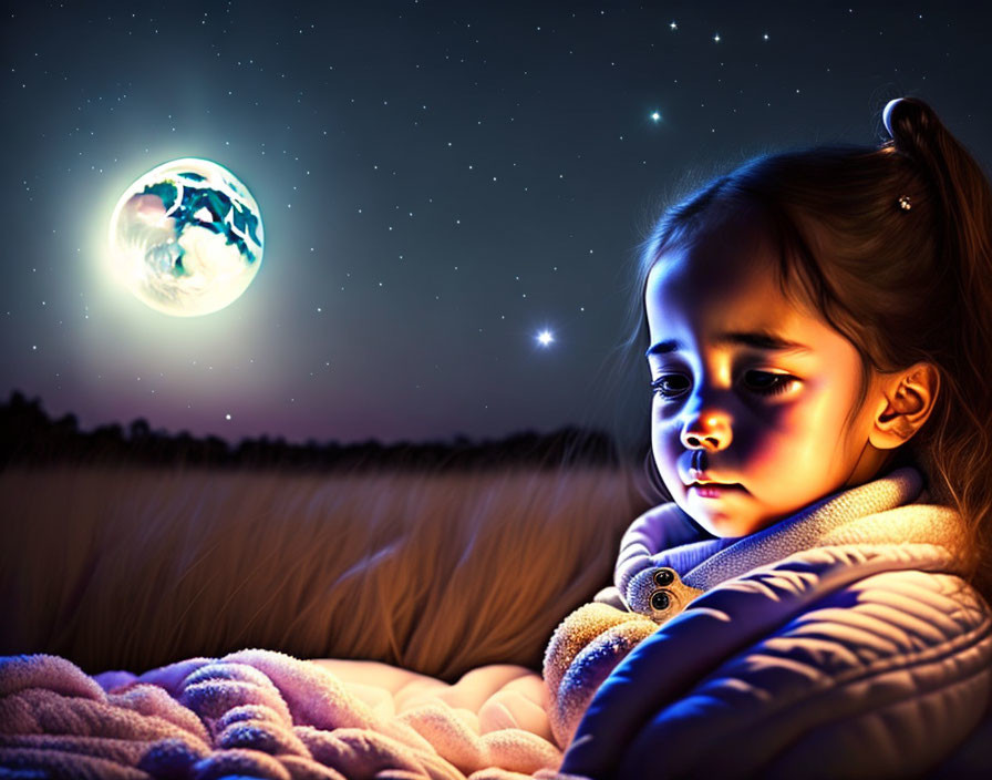 Young girl admires Earth-like moon in starlit night sky