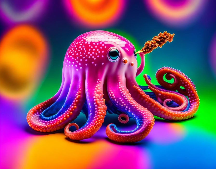 Colorful Stylized Octopus Holding Stick on Multicolored Background