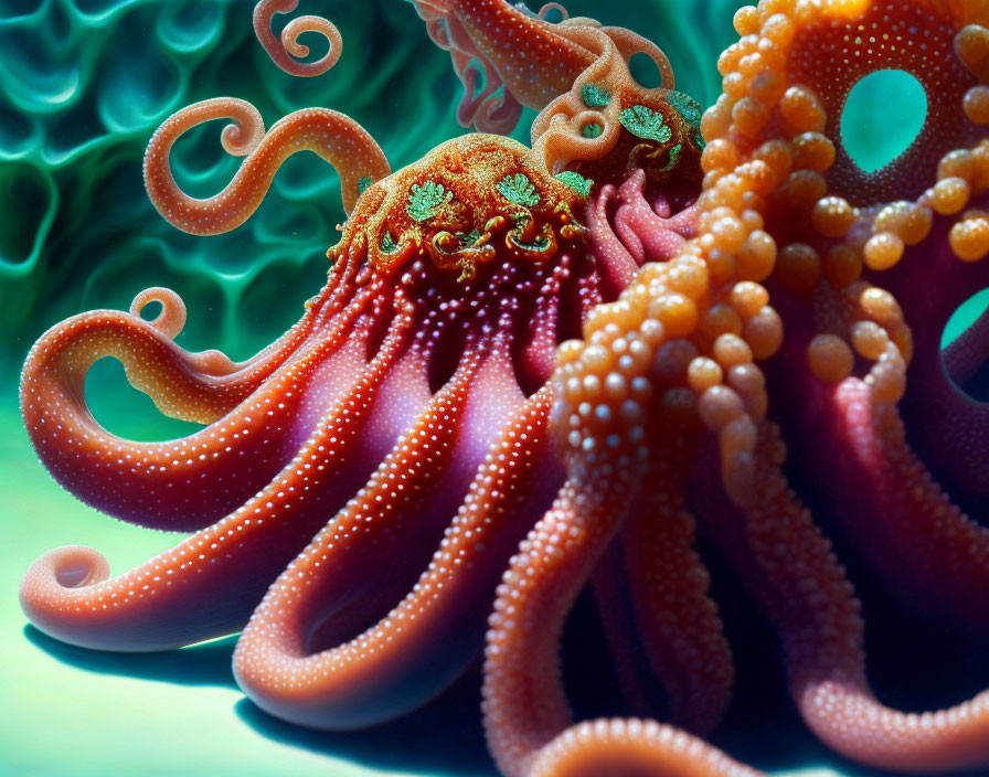 Detailed Octopus Close-Up with Vibrant Tentacles on Green Artistic Background