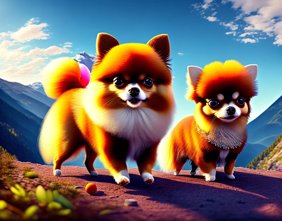 Stylized fluffy Pomeranian dogs on mountain path with vivid blue sky