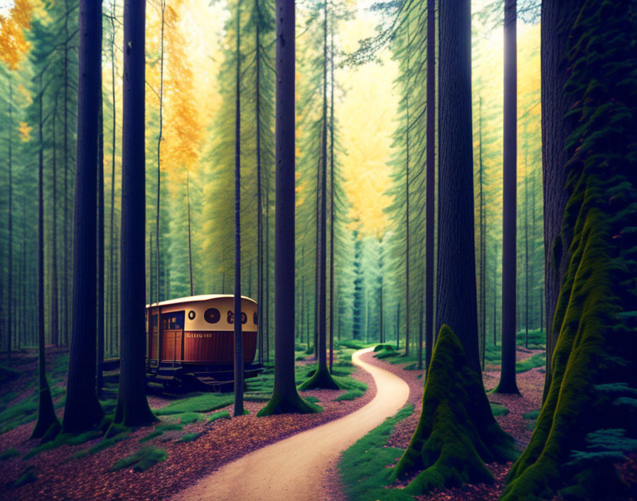 Tranquil forest path beside tram and tall trees