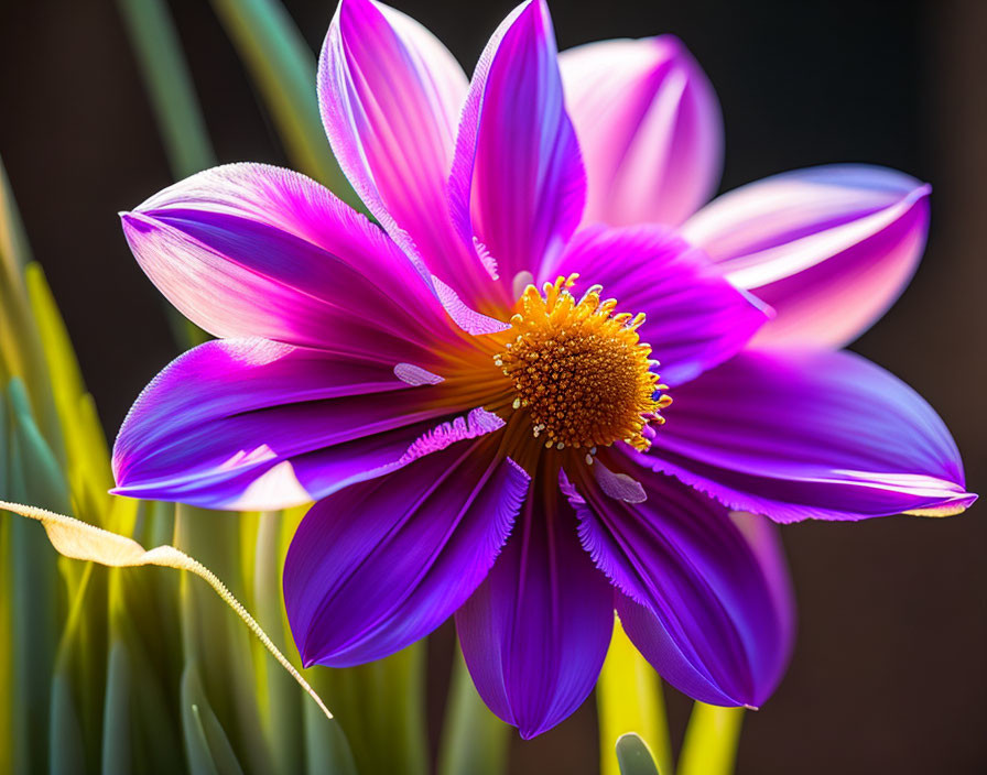 Vibrant purple-pink flower with yellow center on blurred background