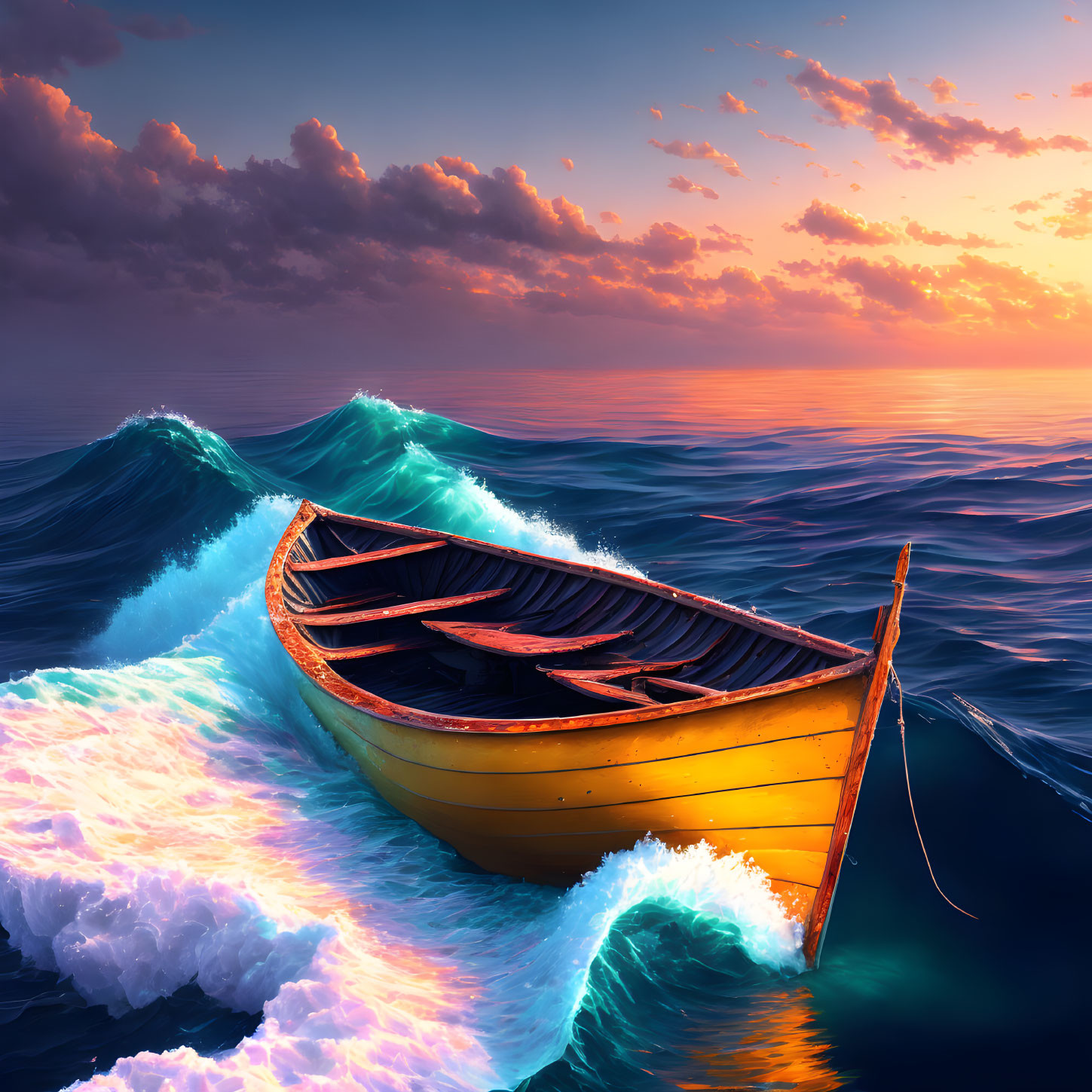 Wooden Boat Sailing Turbulent Glowing Waves at Sunset