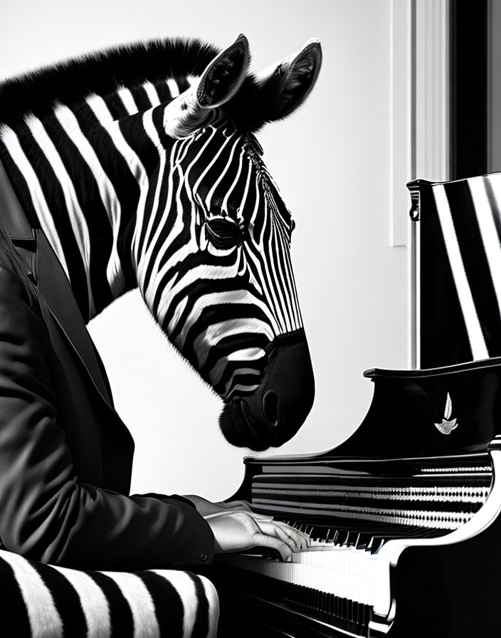 Zebra-headed person in suit playing grand piano in monochrome setting