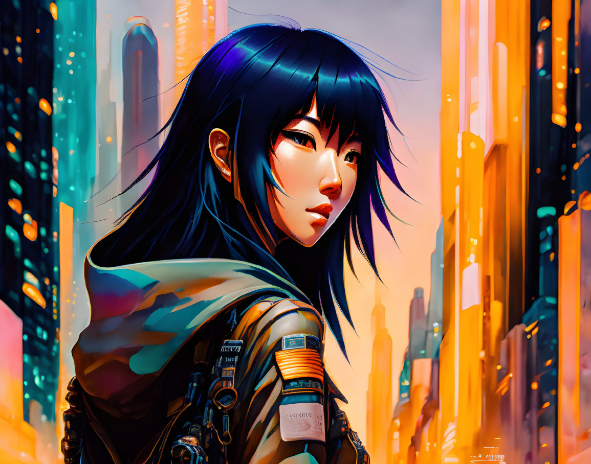 Digital artwork: Woman with blue hair in futuristic outfit against neon cityscape